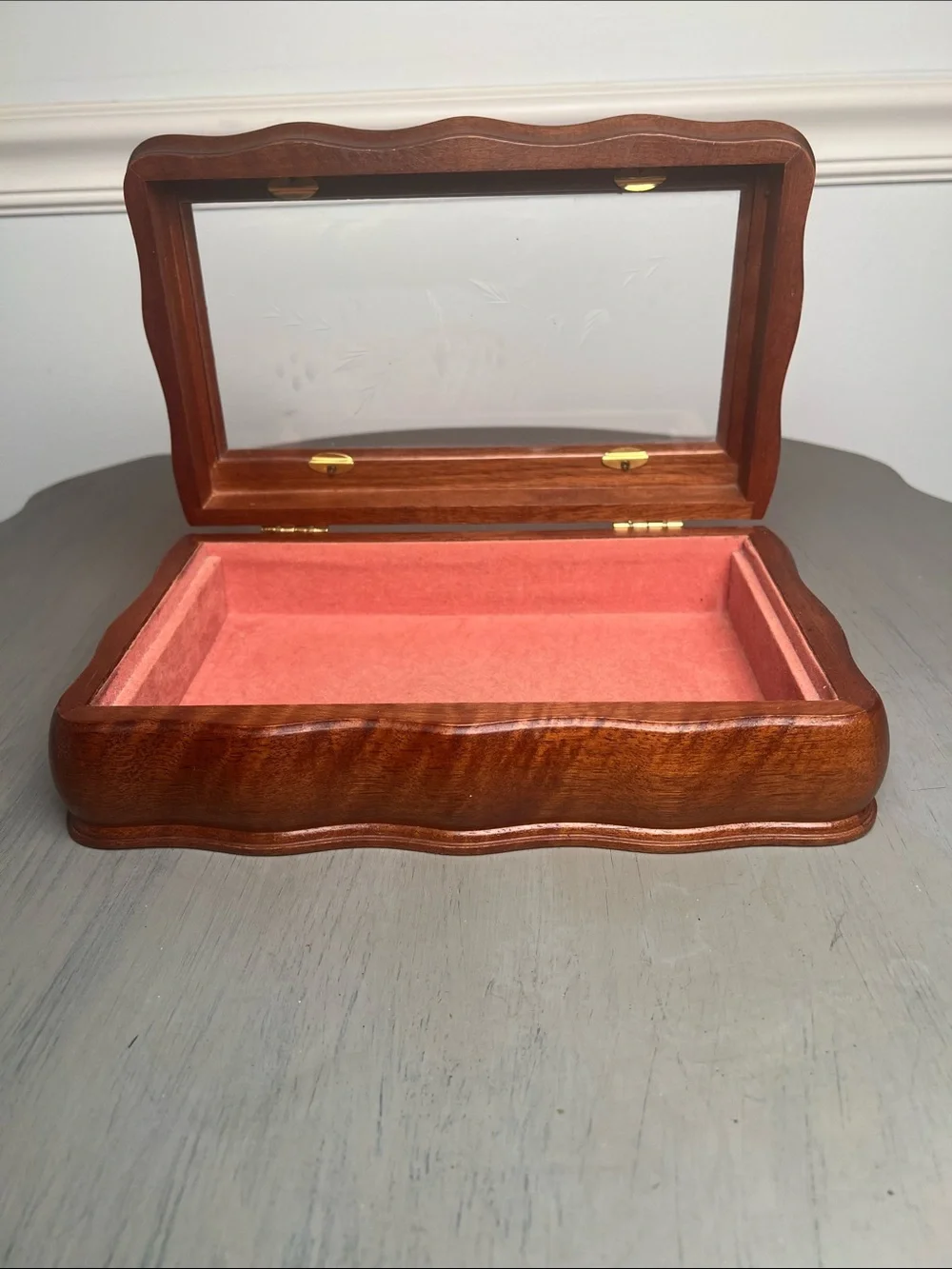 Vintage walnut etched glass jewelry/watch/treasure box. Beautiful curved lines.